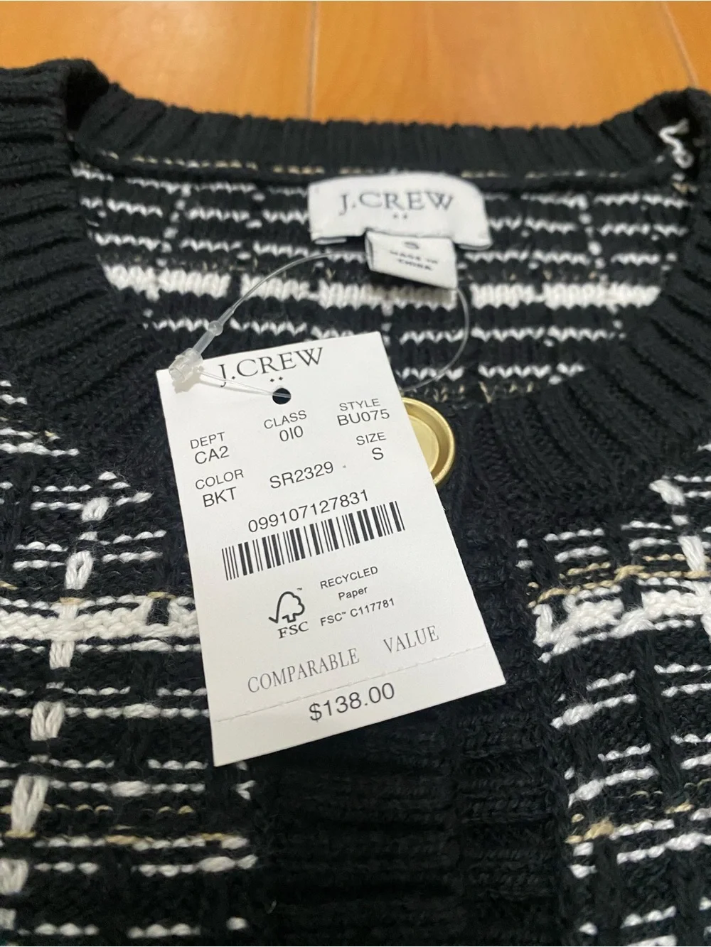 J. Crew Black and White Textured Plaid Cardigan with Gold Buttons